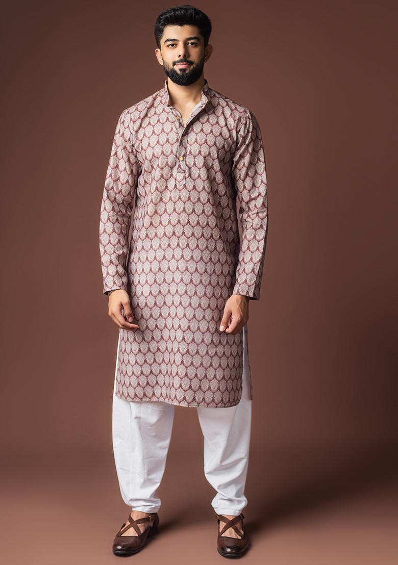 Mauvish Brown Printed Linen Kurta For Men - Indya