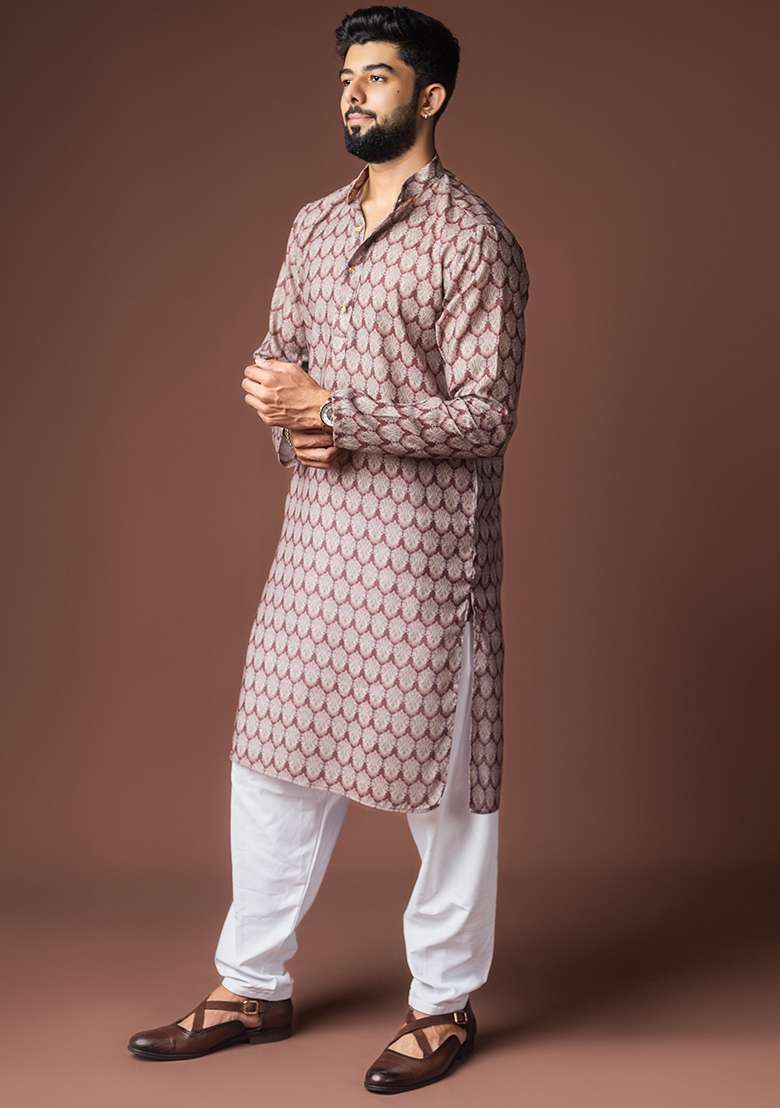 Mauvish Brown Printed Linen Kurta For Men - Indya