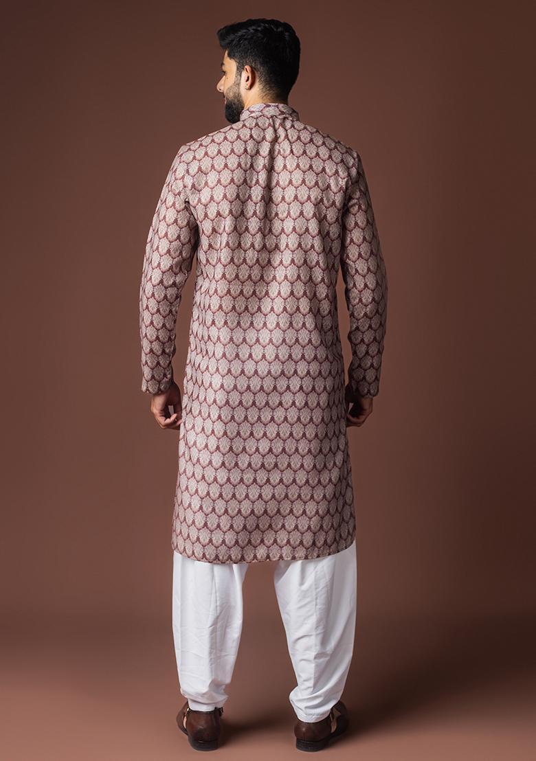 Mauvish Brown Printed Linen Kurta For Men - Indya