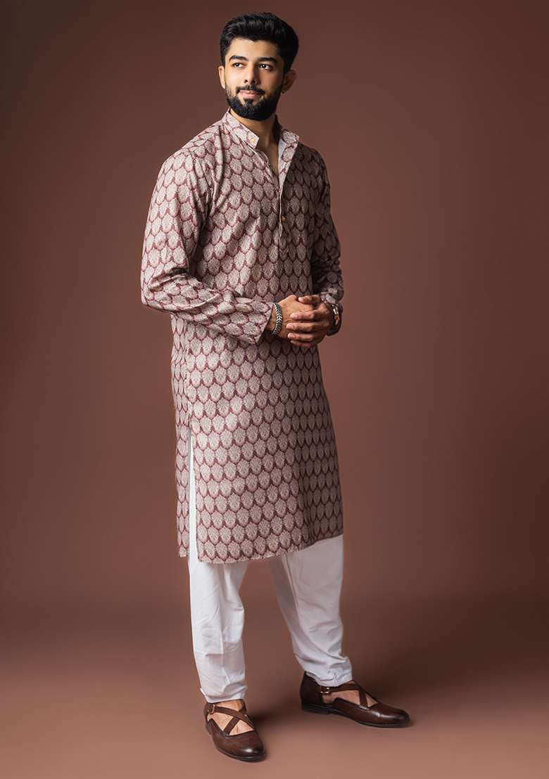 Mauvish Brown Printed Linen Kurta For Men - Indya