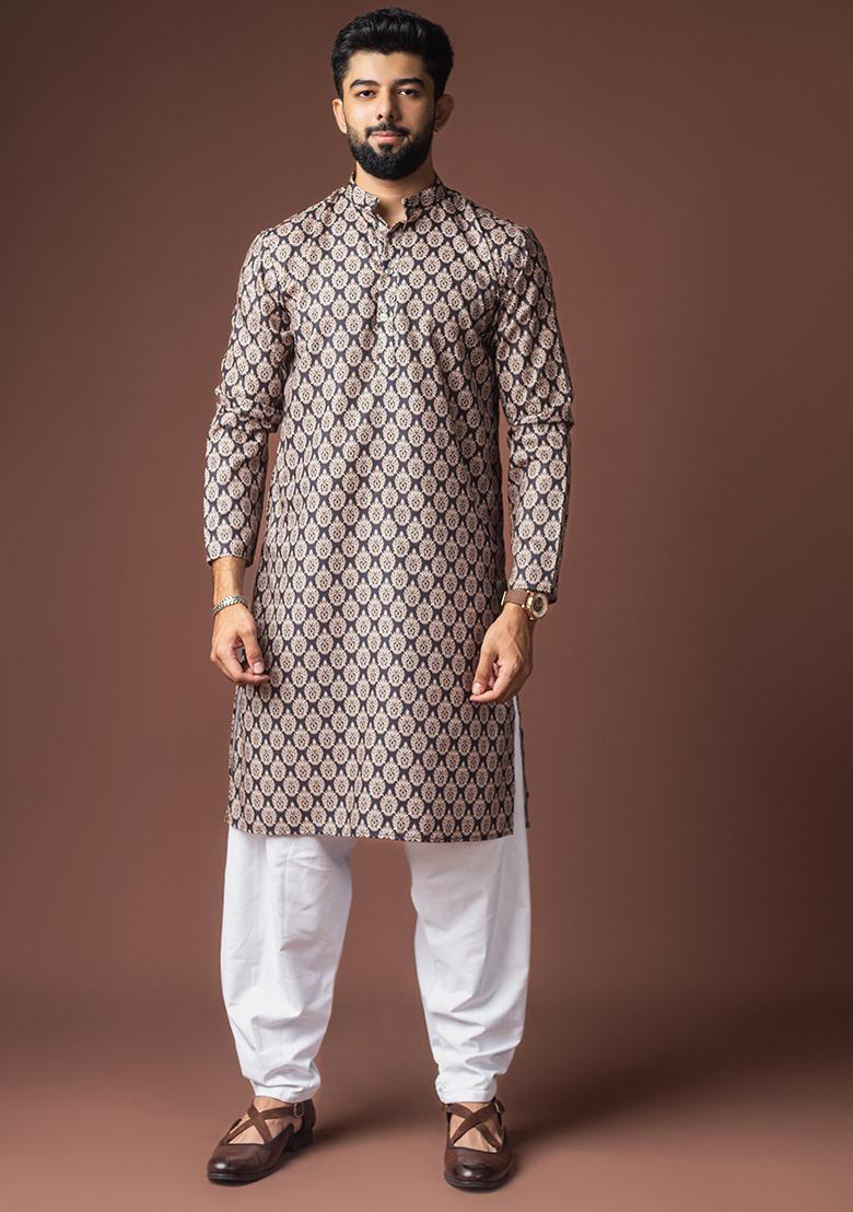 Black Printed Linen Kurta For Men