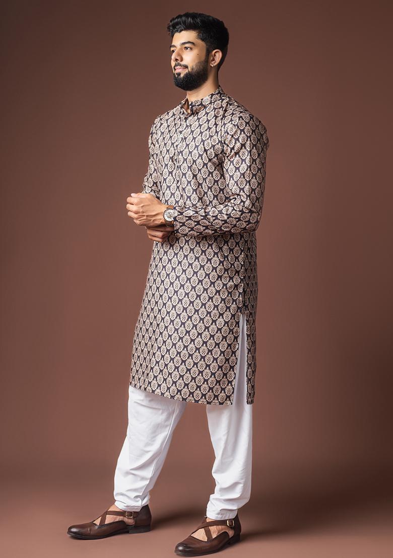 Black Printed Linen Kurta For Men - Indya