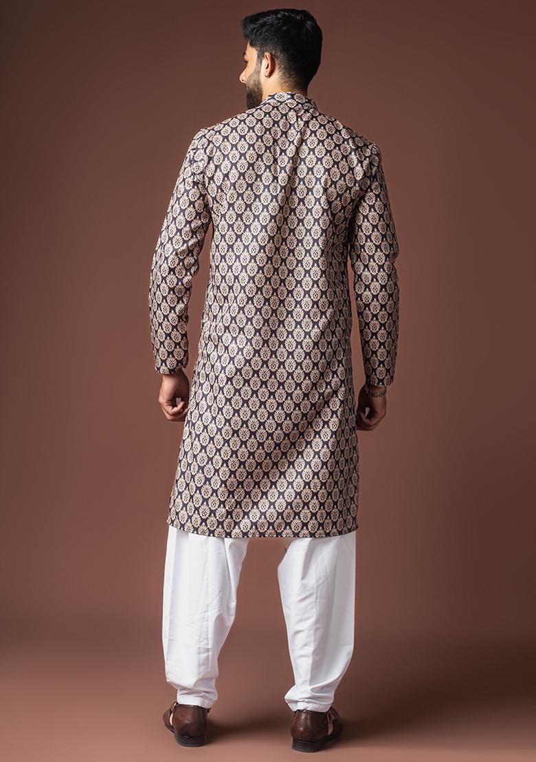 Black Printed Linen Kurta For Men