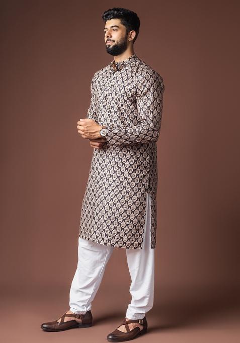 Black Printed Linen Kurta For Men