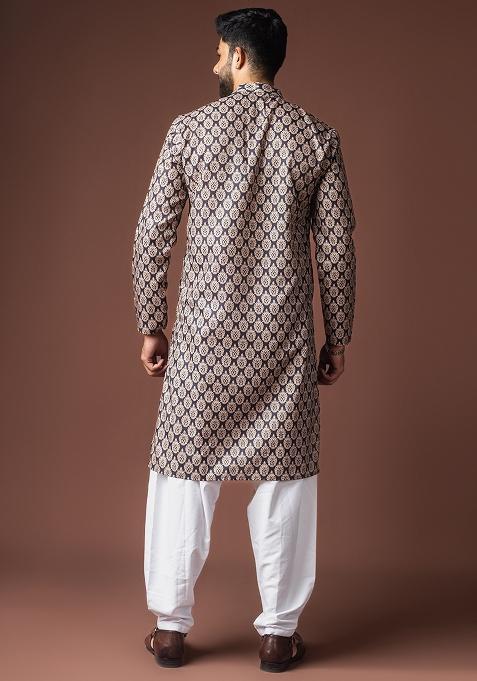 Black Printed Linen Kurta For Men