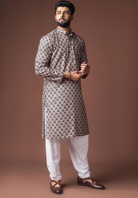 Black Printed Linen Kurta For Men
