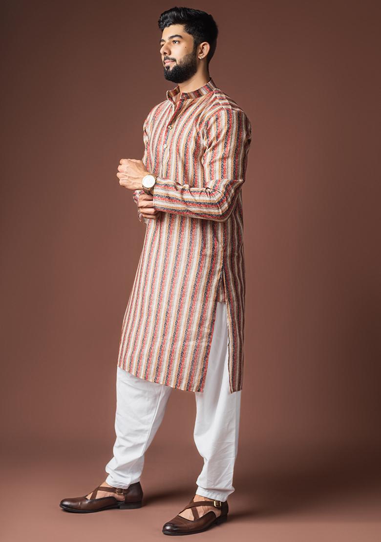Cream Printed Linen Kurta For Men - Indya