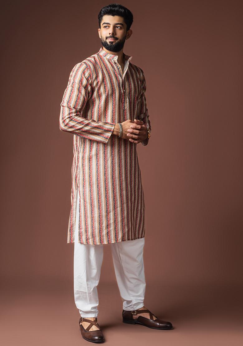 Cream Printed Linen Kurta For Men - Indya