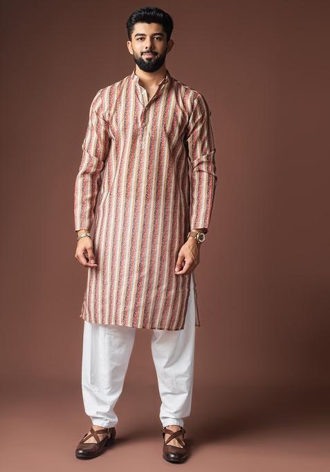 Cream Printed Linen Kurta For Men