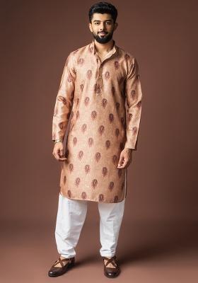 Orangish Brown Printed Linen Kurta For Men