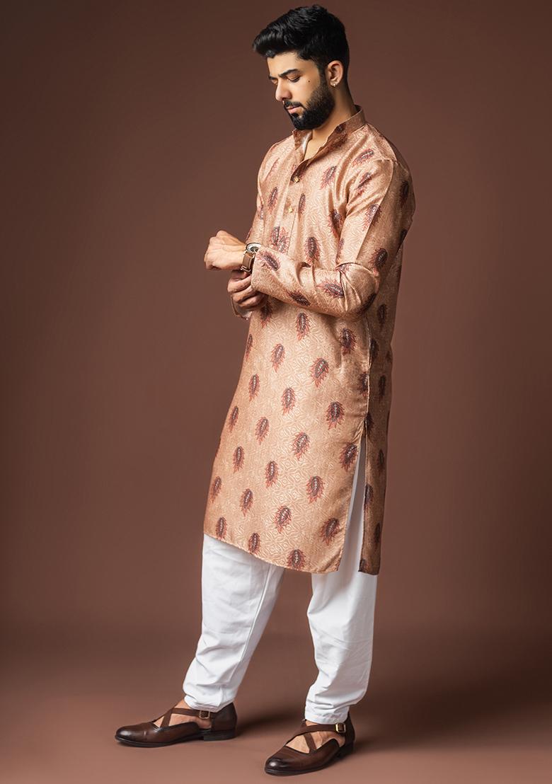 Orangish Brown Printed Linen Kurta For Men - Indya