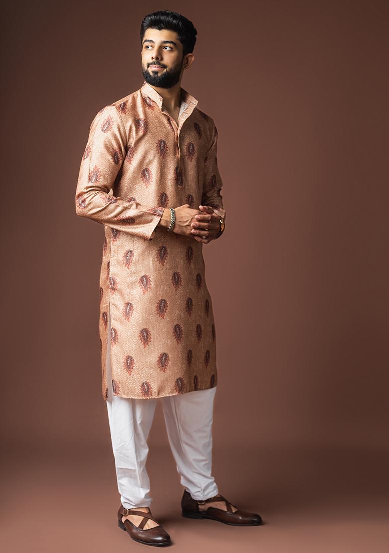 Orangish Brown Printed Linen Kurta For Men - Indya