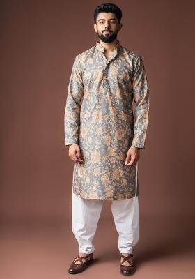 Grey Printed Linen Kurta For Men