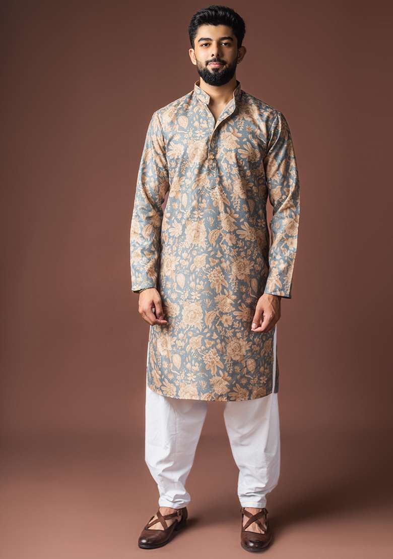 Grey Printed Linen Kurta For Men - Indya