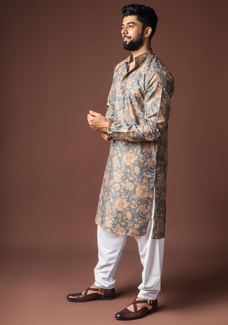 Grey Printed Linen Kurta For Men - Indya