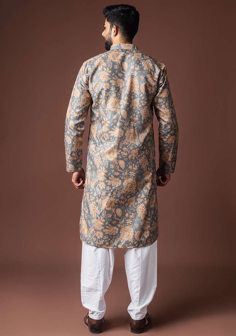 Grey Printed Linen Kurta For Men - Indya
