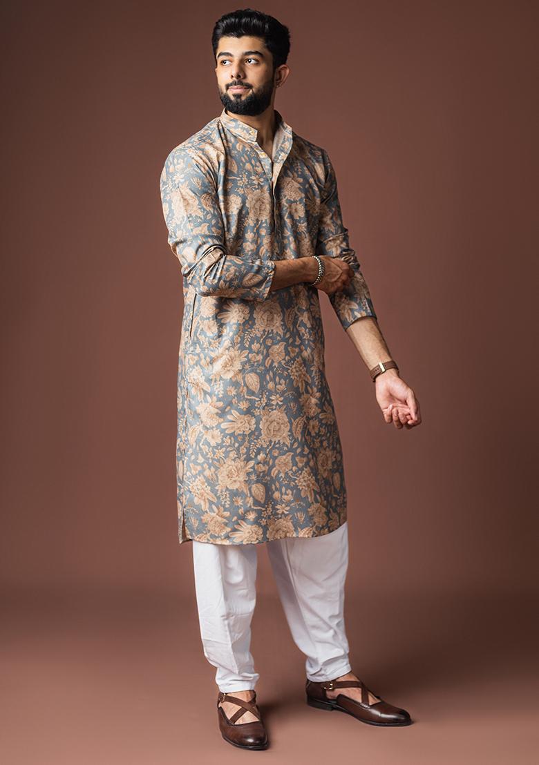 Grey Printed Linen Kurta For Men - Indya