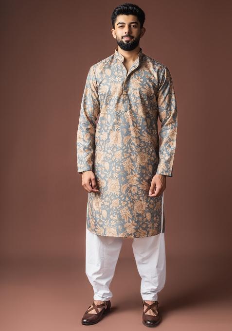 Grey Printed Linen Kurta For Men — view on Indya