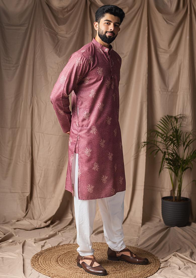 Mauve Printed Linen Kurta For Men - Indya