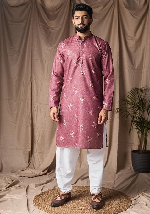 Mauve Printed Linen Kurta For Men