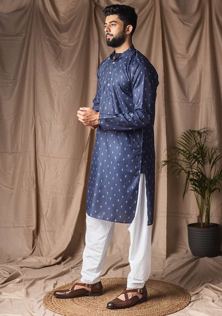 Blue Printed Linen Kurta For Men - Indya
