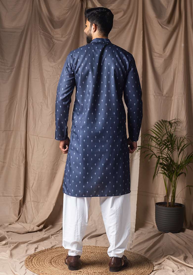 Blue Printed Linen Kurta For Men - Indya