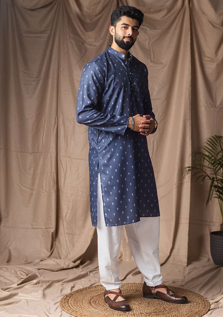 Blue Printed Linen Kurta For Men - Indya