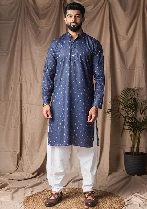 Blue Printed Linen Kurta For Men