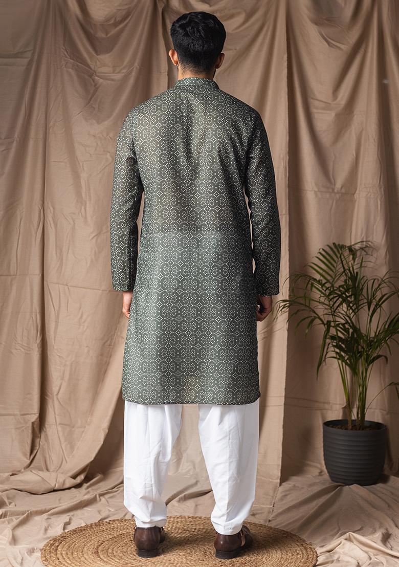 Mehendi Green Printed Linen Kurta For Men