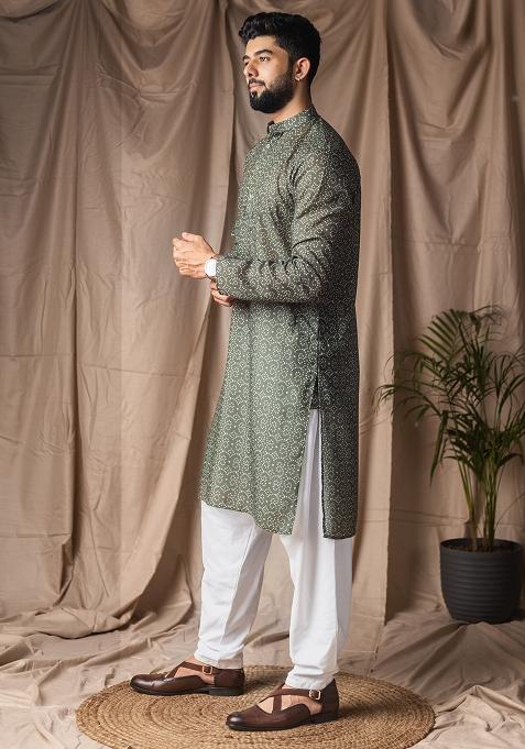 Mehendi Green Printed Linen Kurta For Men
