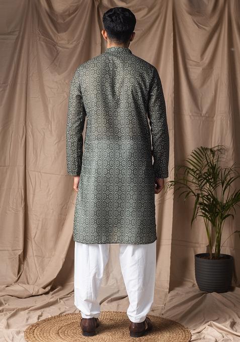 Mehendi Green Printed Linen Kurta For Men