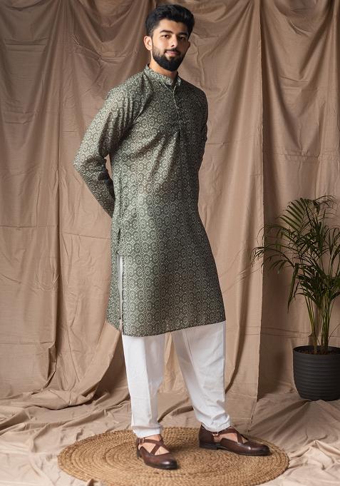 Mehendi Green Printed Linen Kurta For Men
