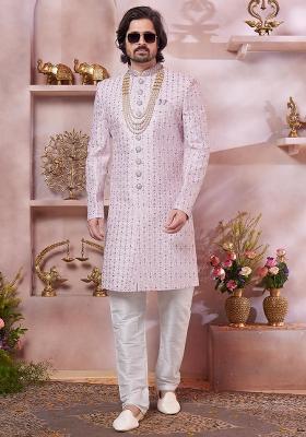 Pink Embroidered Art Silk Sherwani Set For Men