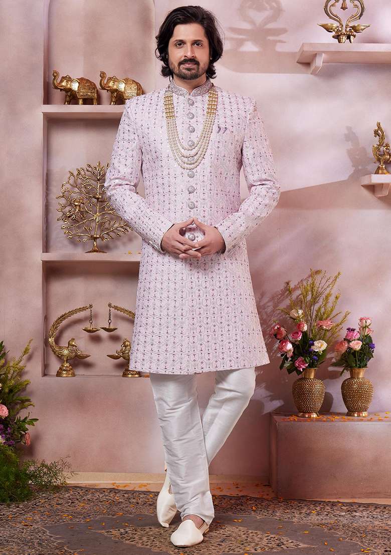 Pink Embroidered Art Silk Sherwani Set For Men - Indya