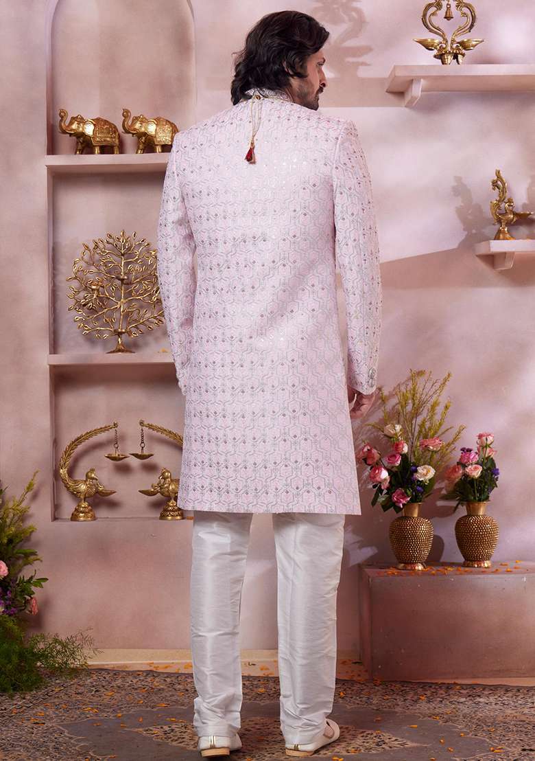 Pink Embroidered Art Silk Sherwani Set For Men - Indya