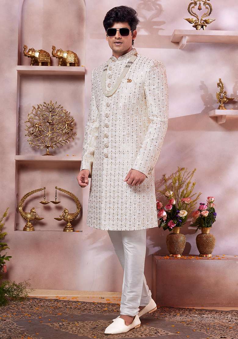 Cream Embroidered Art Silk Sherwani Set For Men - Indya