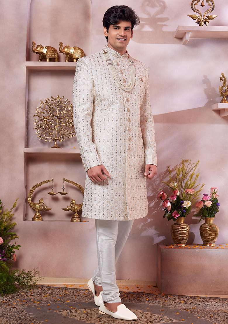 Cream Embroidered Art Silk Sherwani Set For Men - Indya