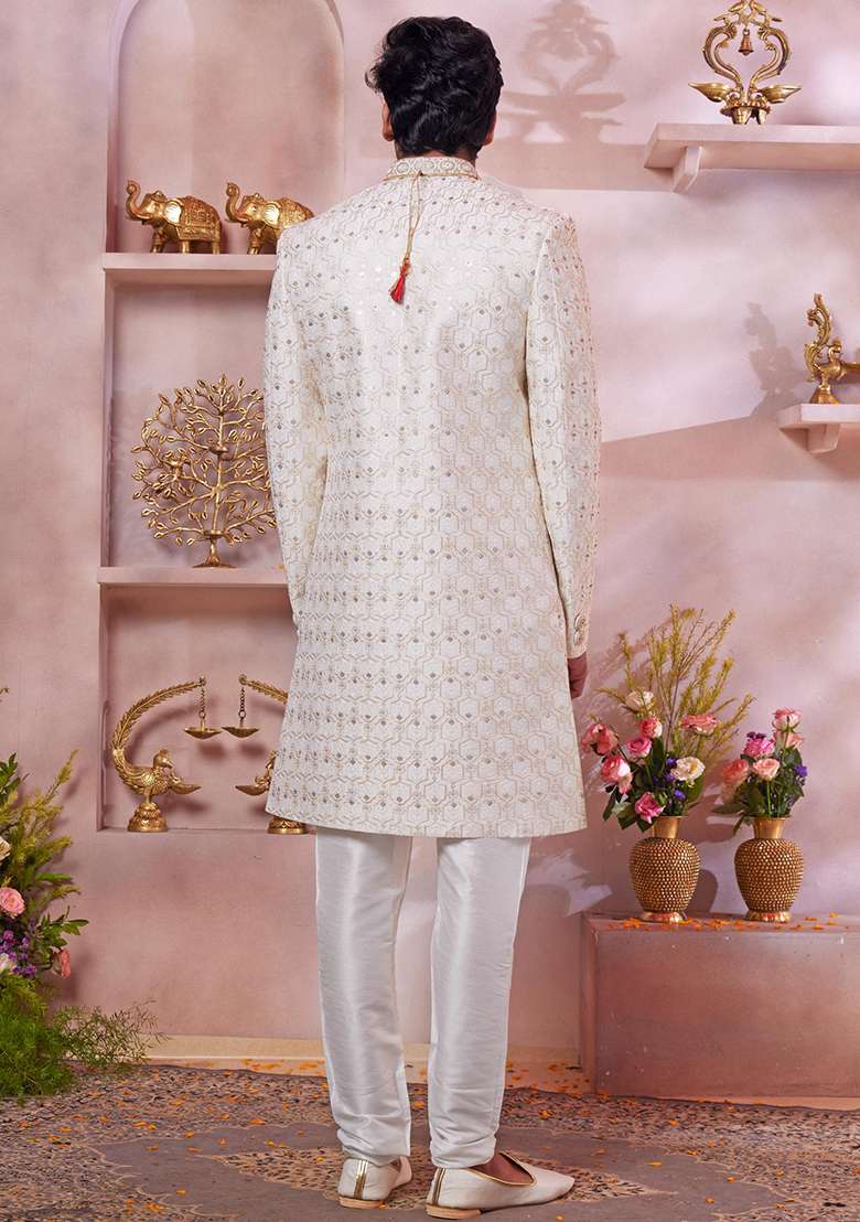 Cream Embroidered Art Silk Sherwani Set For Men - Indya