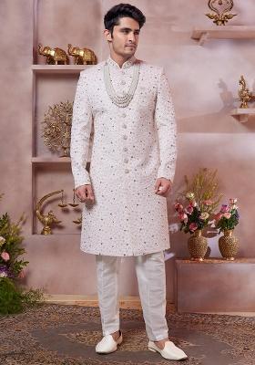 Cream Embroidered Art Silk Sherwani Set For Men
