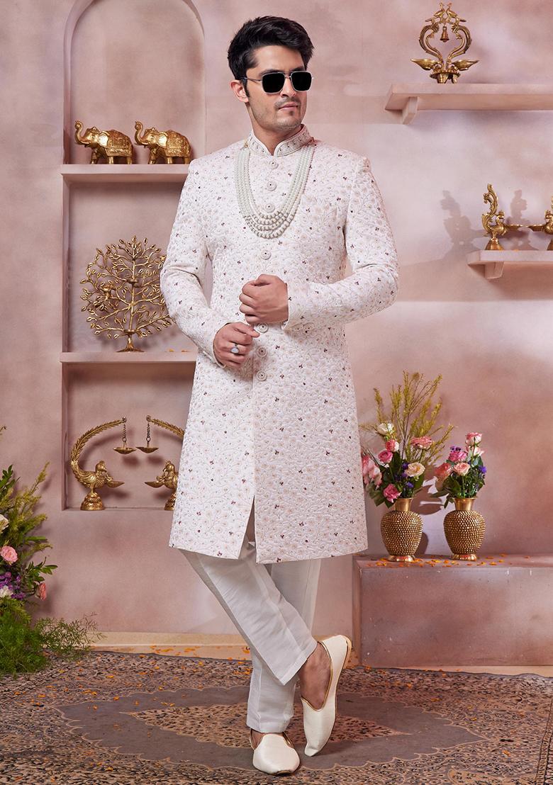 Cream Embroidered Art Silk Sherwani Set For Men