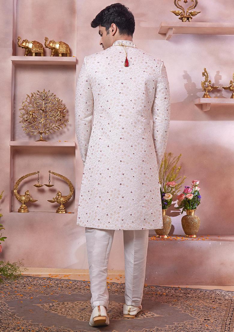 Cream Embroidered Art Silk Sherwani Set For Men