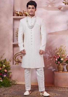 Cream Embroidered Art Silk Sherwani Set For Men