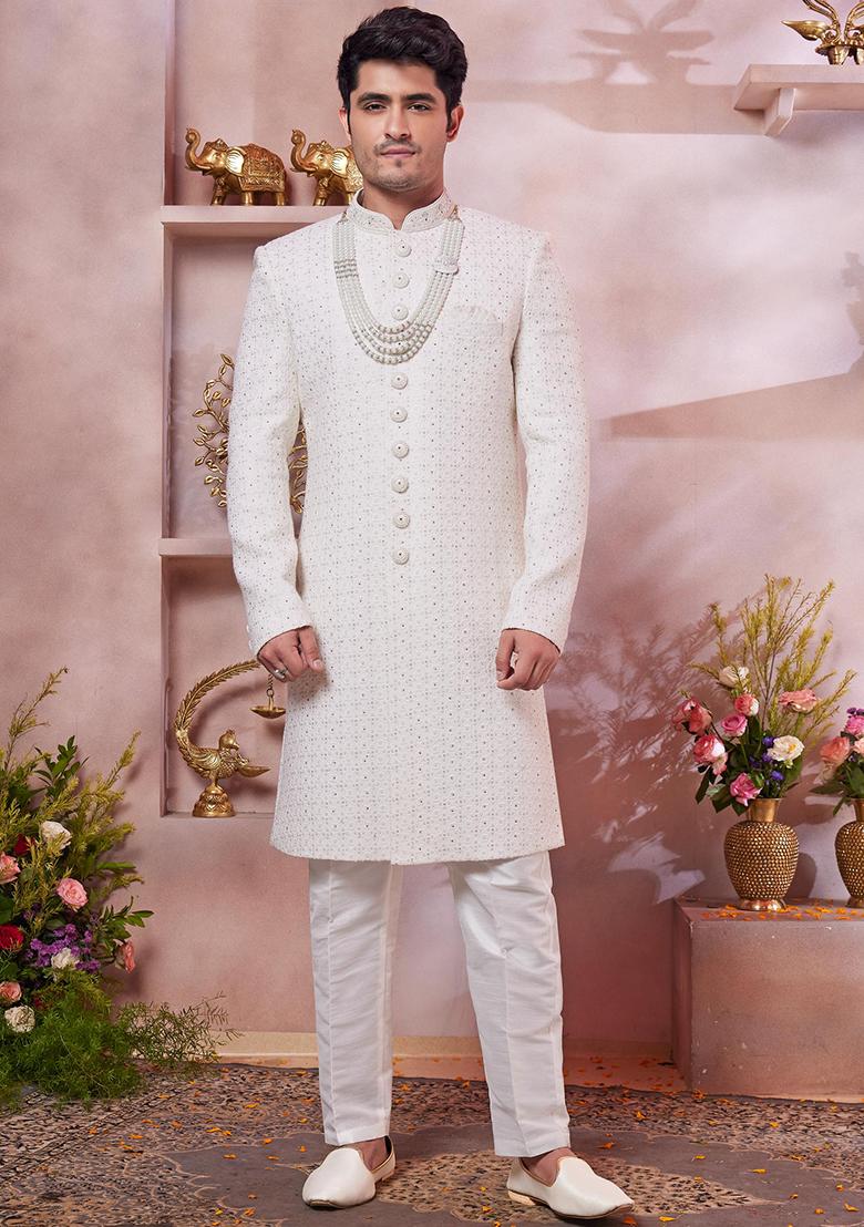 Cream Embroidered Art Silk Sherwani Set For Men