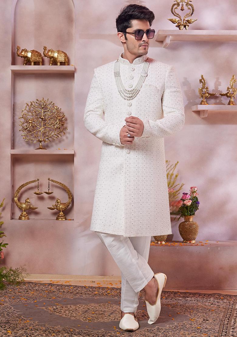 Cream Embroidered Art Silk Sherwani Set For Men