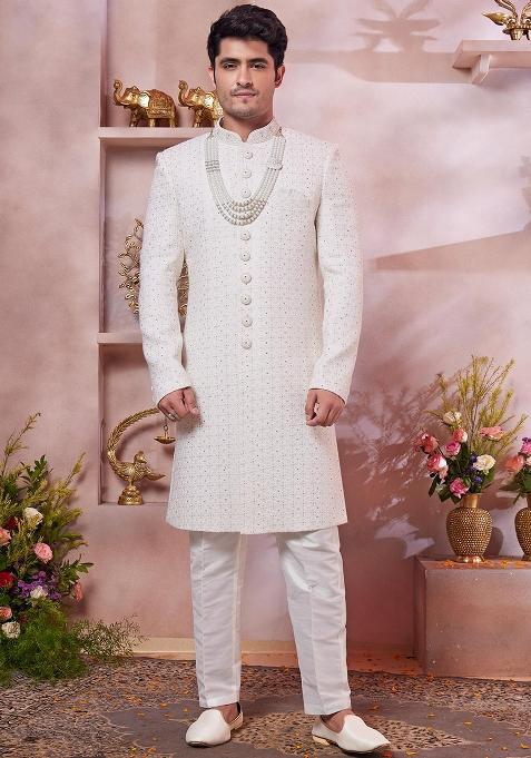 Cream Embroidered Art Silk Sherwani Set For Men