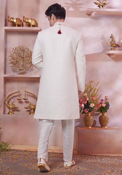 Cream Embroidered Art Silk Sherwani Set For Men