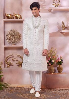 Cream Embroidered Art Silk Sherwani Set For Men