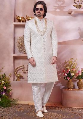 Cream Embroidered Art Silk Sherwani Set For Men