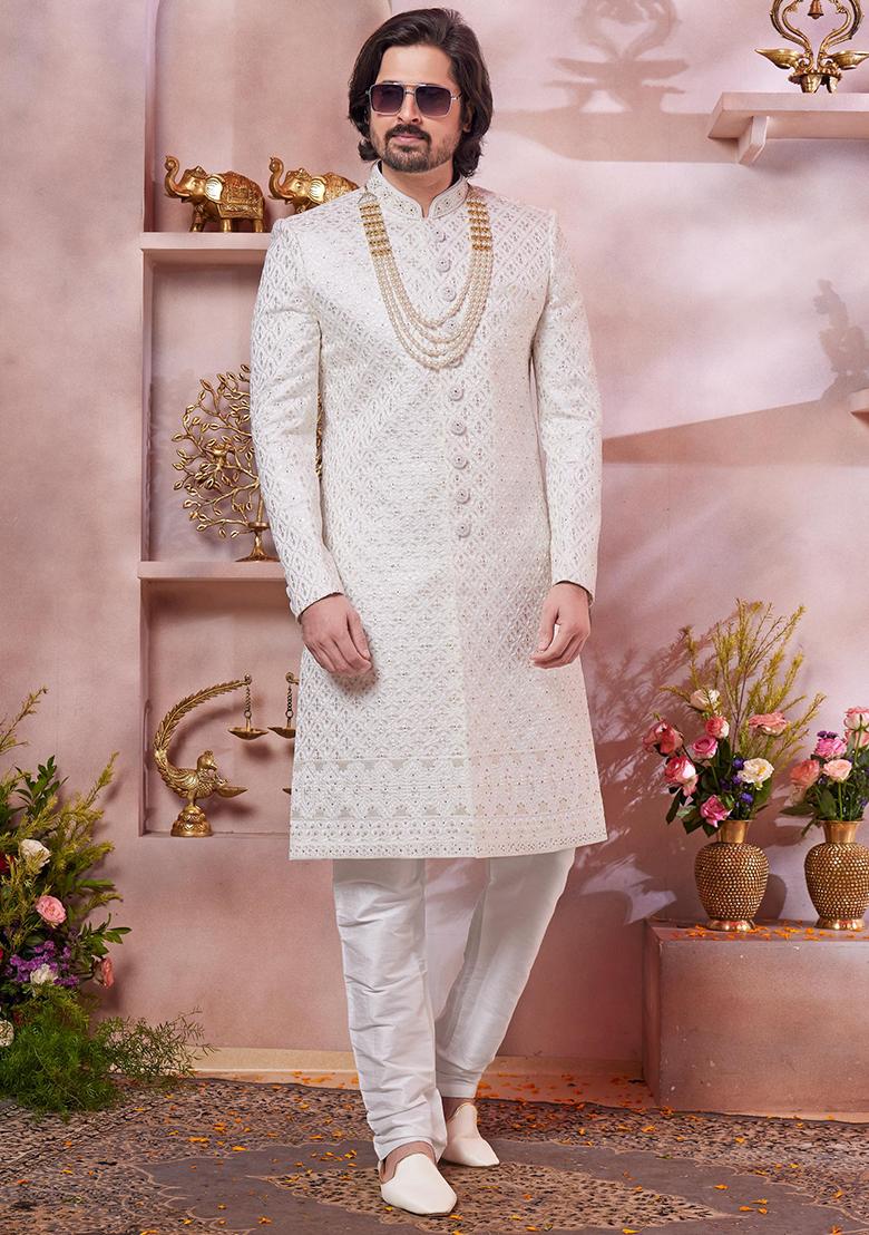 Cream Embroidered Art Silk Sherwani Set For Men