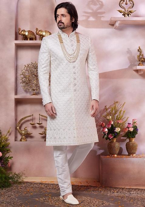 Cream Embroidered Art Silk Sherwani Set For Men